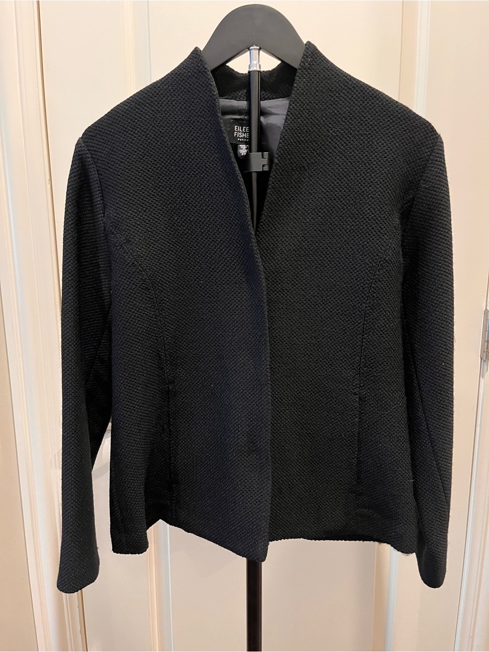 Eileen Fisher Italian Virgin Wool Textured Open Front Jacket Black Petite PS